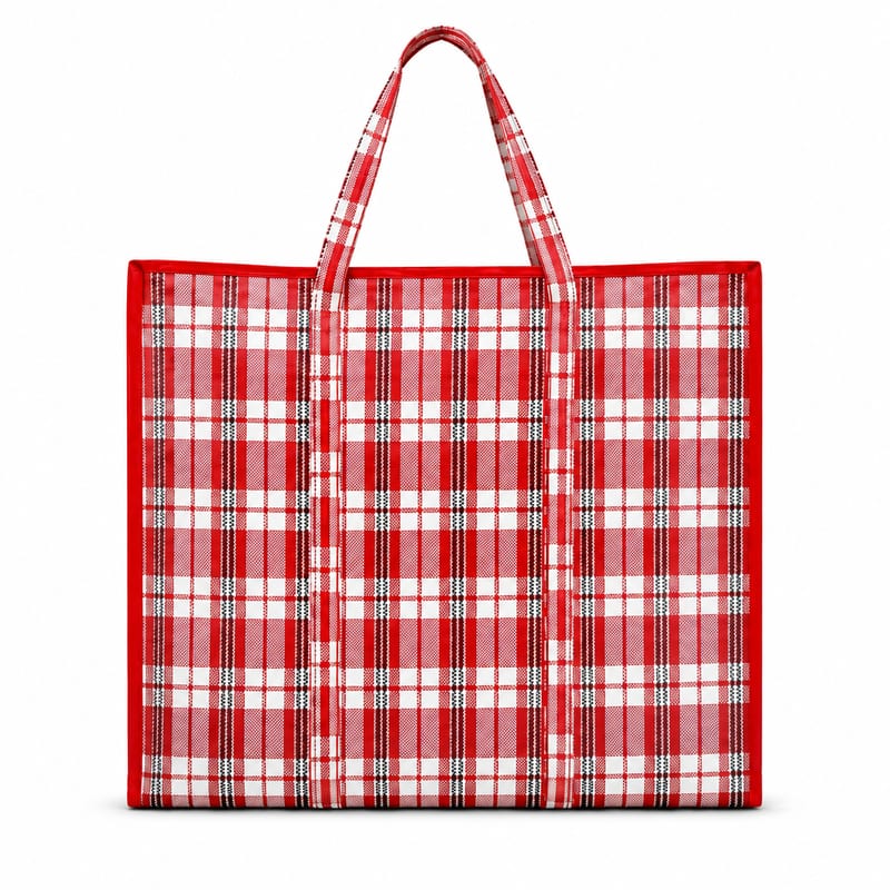 Red and white check woven shipping bag